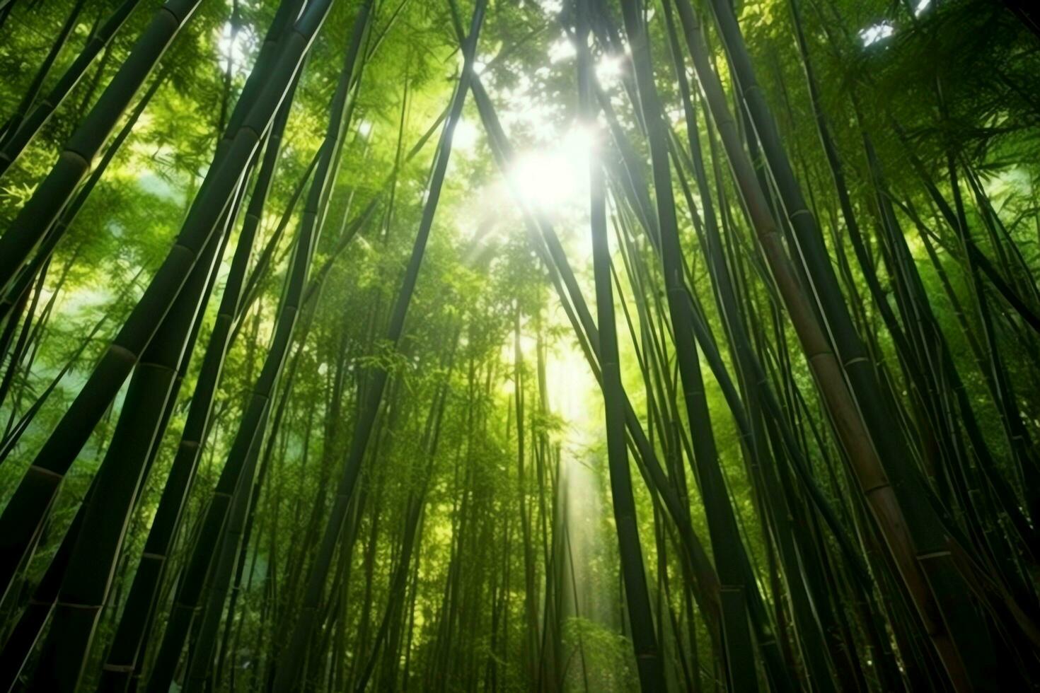 Aussicht von botanisch Grün Bambus tropisch Wald im Tageslicht. orientalisch Bambus Hain im China japanisch Konzept durch ai generiert foto