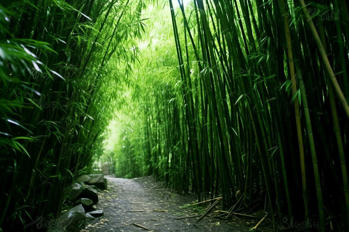 Aussicht von botanisch Grün Bambus tropisch Wald im Tageslicht. orientalisch Bambus Hain im China japanisch Konzept durch ai generiert foto