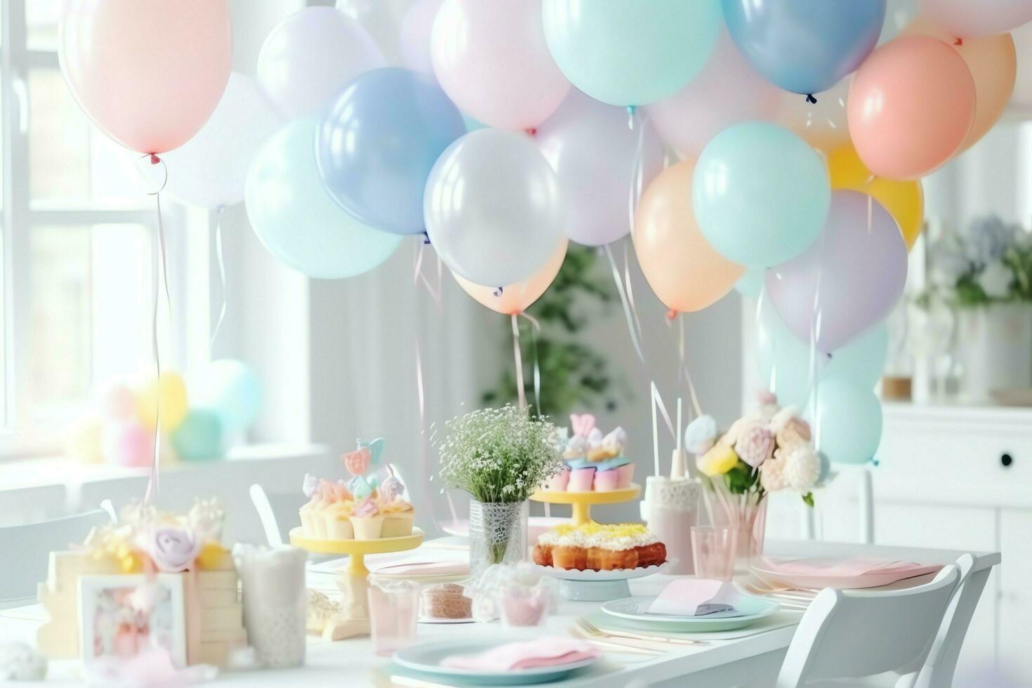 festlich Geburtstag Party Dekorationen auf Tabelle mit Kuchen, Geschenk Kisten und Luftballons auf Pastell- Farbe Konzept durch ai generiert foto