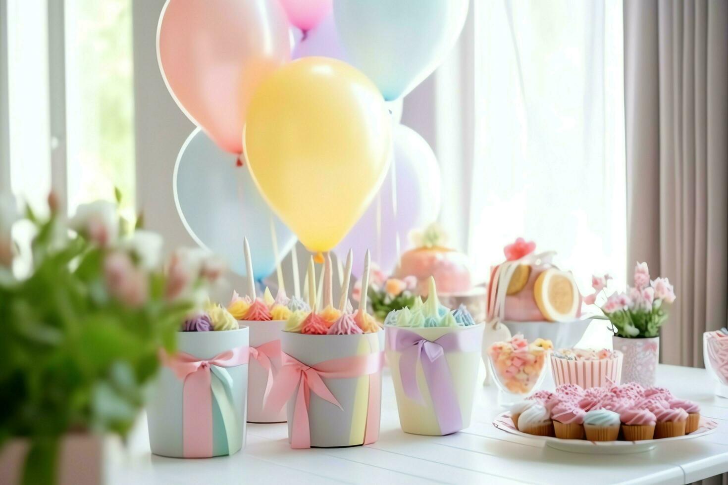 festlich Geburtstag Party Dekorationen auf Tabelle mit Kuchen, Geschenk Kisten und Luftballons auf Pastell- Farbe Konzept durch ai generiert foto