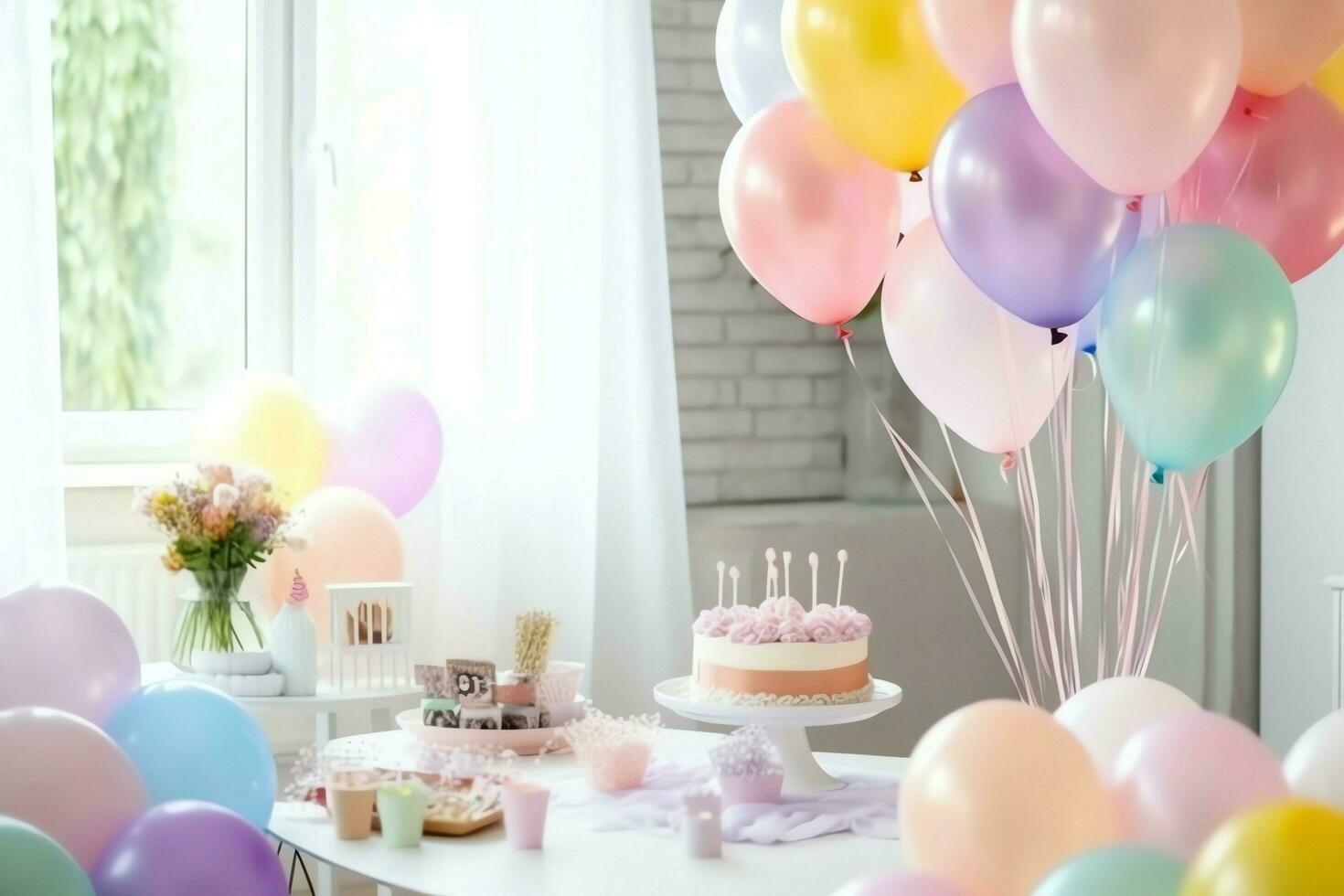 festlich Geburtstag Party Dekorationen auf Tabelle mit Kuchen, Geschenk Kisten und Luftballons auf Pastell- Farbe Konzept durch ai generiert foto