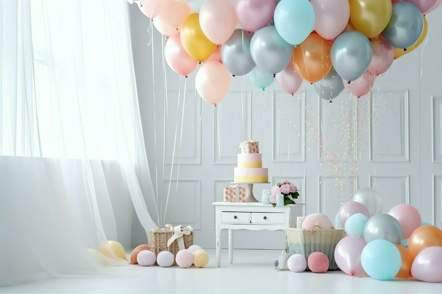 festlich Geburtstag Party Dekorationen auf Tabelle mit Kuchen, Geschenk Kisten und Luftballons auf Pastell- Farbe Konzept durch ai generiert foto