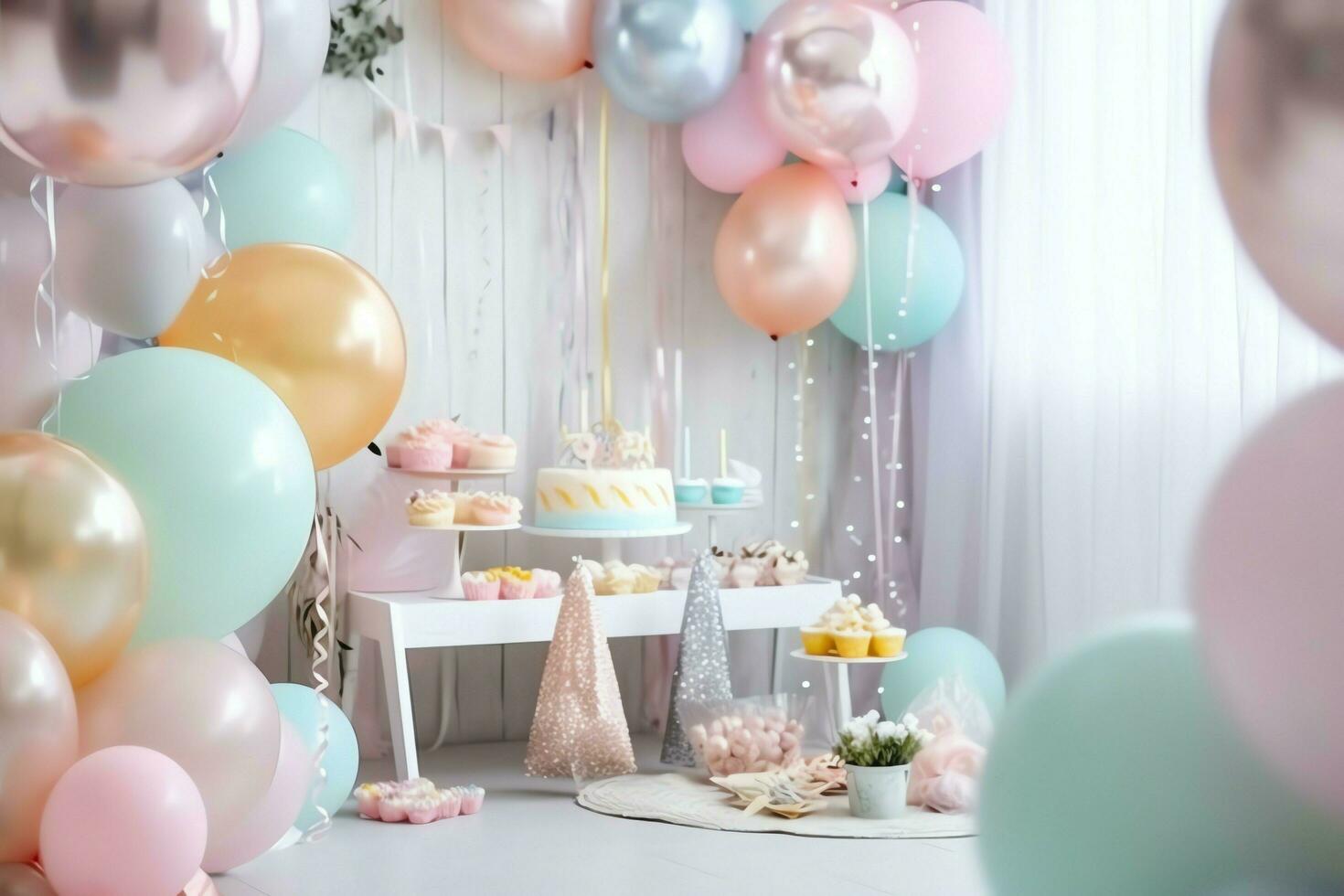 festlich Geburtstag Party Dekorationen auf Tabelle mit Kuchen, Geschenk Kisten und Luftballons auf Pastell- Farbe Konzept durch ai generiert foto