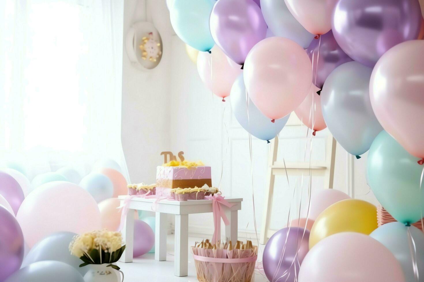 festlich Geburtstag Party Dekorationen auf Tabelle mit Kuchen, Geschenk Kisten und Luftballons auf Pastell- Farbe Konzept durch ai generiert foto