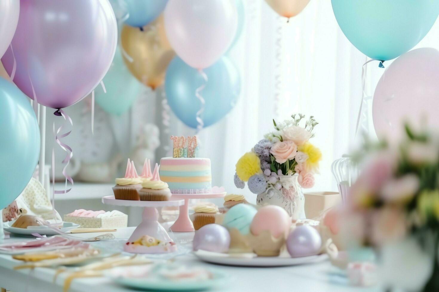 festlich Geburtstag Party Dekorationen auf Tabelle mit Kuchen, Geschenk Kisten und Luftballons auf Pastell- Farbe Konzept durch ai generiert foto