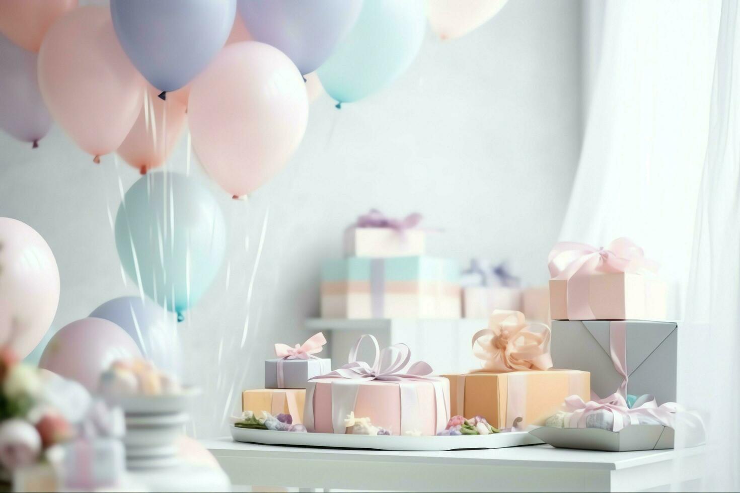 festlich Geburtstag Party Dekorationen auf Tabelle mit Kuchen, Geschenk Kisten und Luftballons auf Pastell- Farbe Konzept durch ai generiert foto