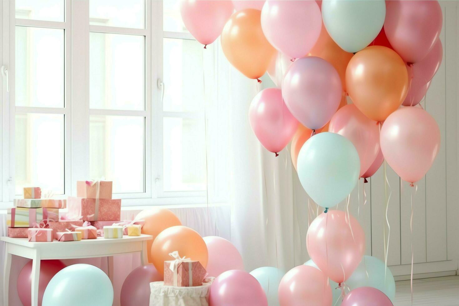 festlich Geburtstag Party Dekorationen auf Tabelle mit Kuchen, Geschenk Kisten und Luftballons auf Pastell- Farbe Konzept durch ai generiert foto