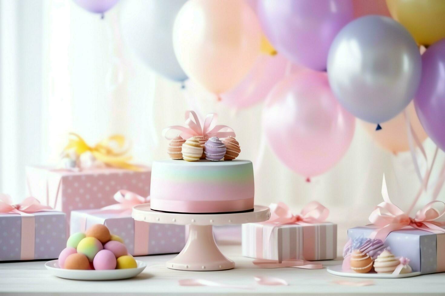 festlich Geburtstag Party Dekorationen auf Tabelle mit Kuchen, Geschenk Kisten und Luftballons auf Pastell- Farbe Konzept durch ai generiert foto