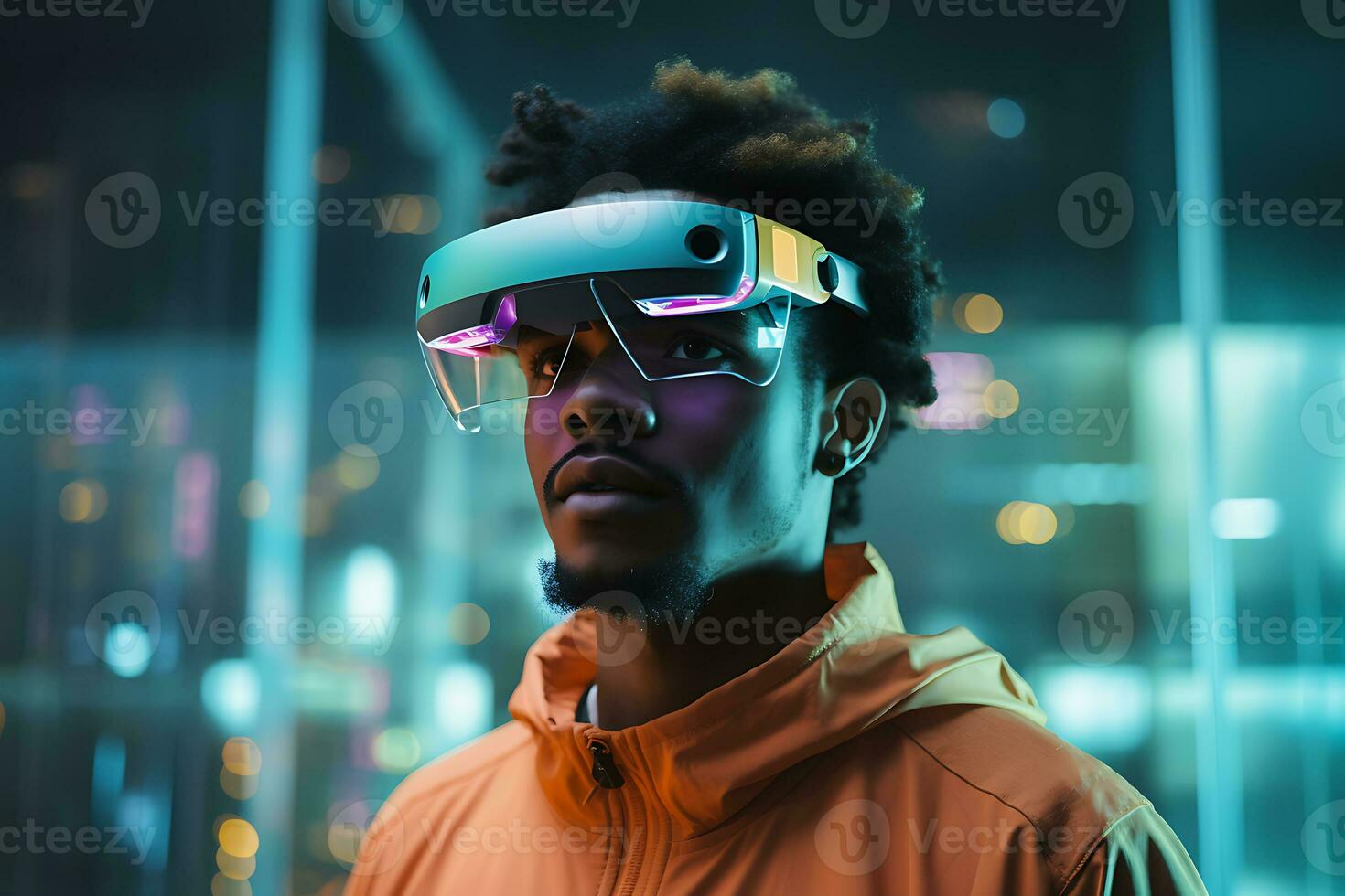 Mensch tragen Clever Brille und zeigen holographisch Bildschirm futuristisch Technologie, ai generativ foto