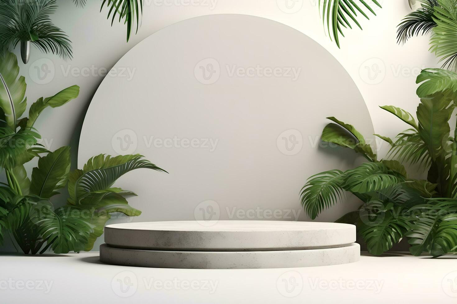 3d Stein Podium Plattform im tropisch Pflanzen Dekoration, zum Präsentation Anzeige Kosmetika Produkte Marke, leeren minimal Bühne Identität und Verpackung Design, ai generieren foto