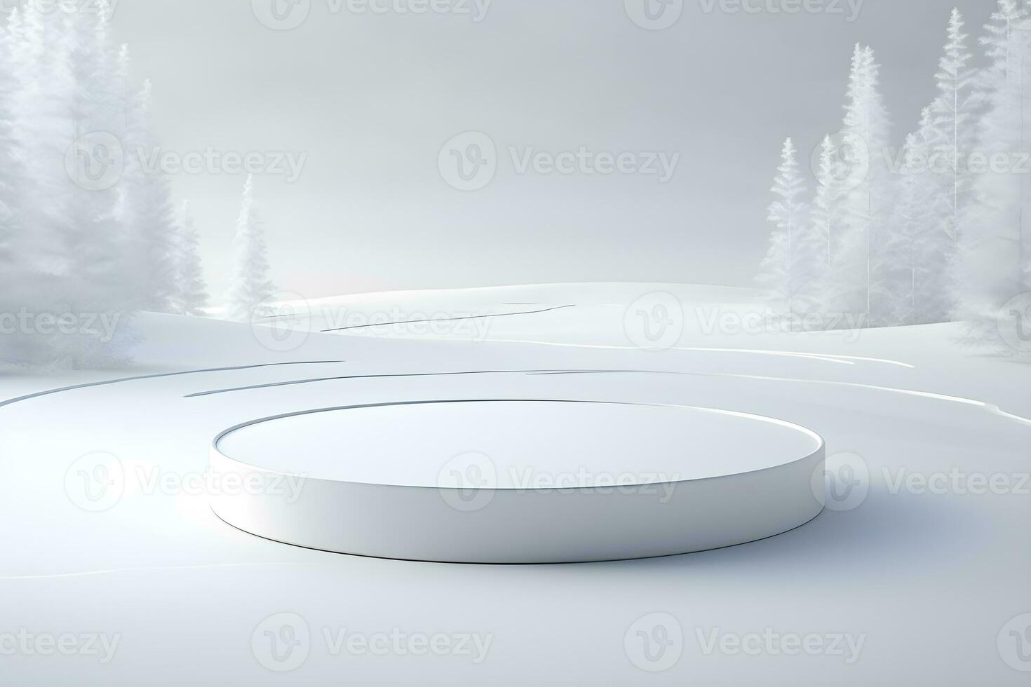 3d Podium minimal spotten oben leer Bühne mit Landschaft Schnee Winter Szene, zum Produkt Anzeige Präsentation Design, ai generieren foto