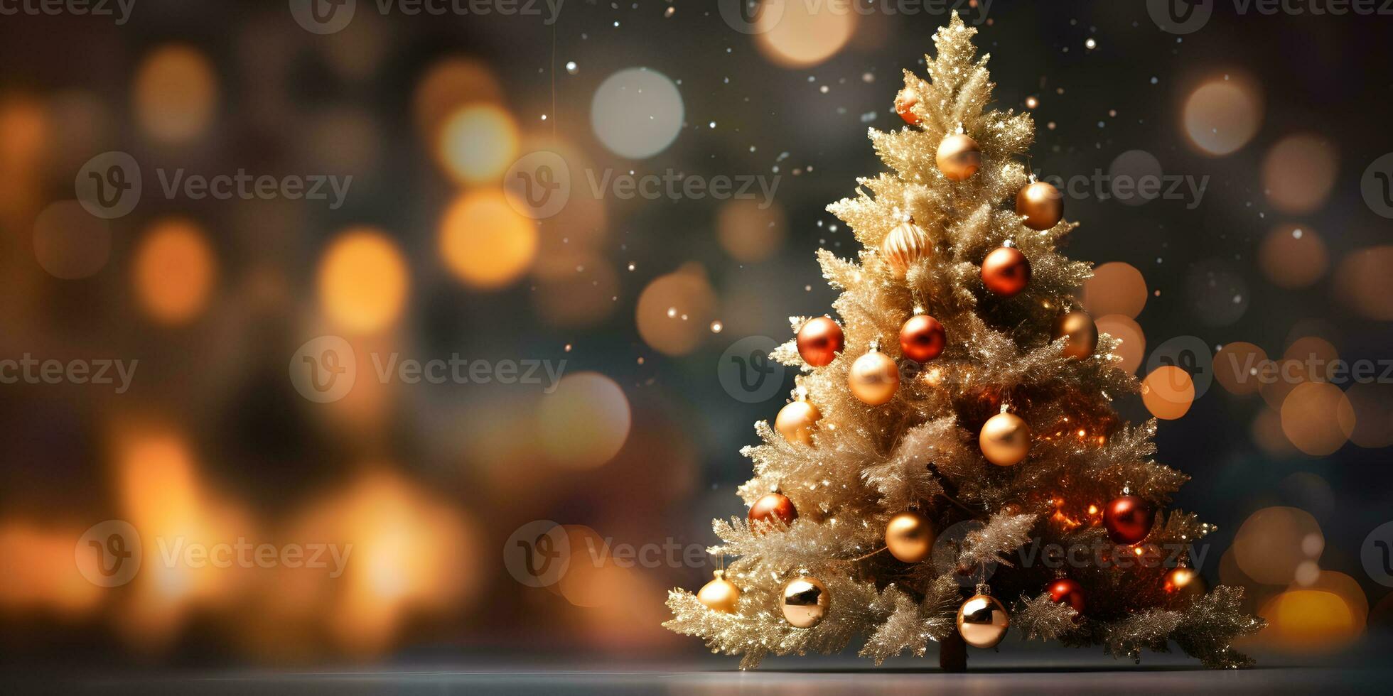 Weihnachten Baum Dekoration mit Beleuchtung Bokeh verschwommen Hintergrund, ai generieren foto