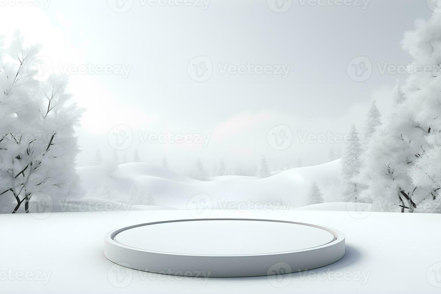 3d Podium minimal spotten oben leer Bühne mit Landschaft Schnee Winter Szene, zum Produkt Anzeige Präsentation Design, ai generieren foto