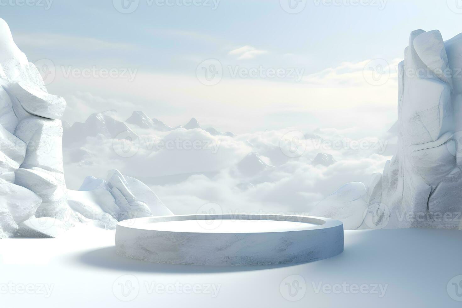 3d Weiß Stein Podium minimal Produkt Anzeige Sockel Felsen mit Landschaft Schnee Winter Szene, ai generieren foto