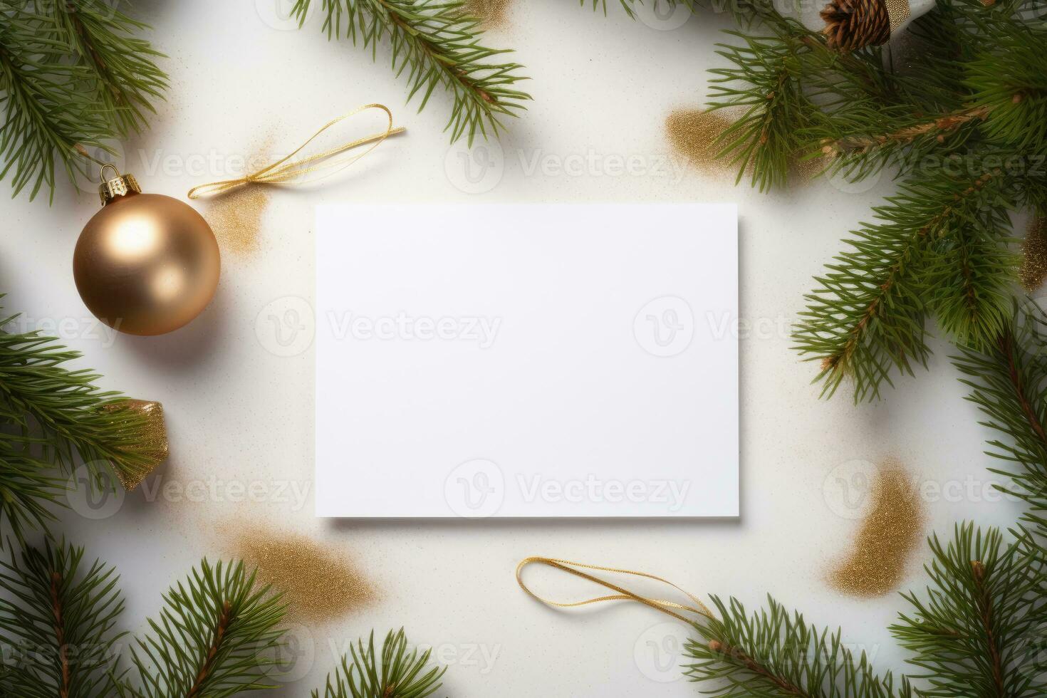 Layout von ein Weiß Karte Postkarte mit ein Geschenk Box in der Nähe von das Weihnachten Baum mit ein Girlande. ai generiert foto