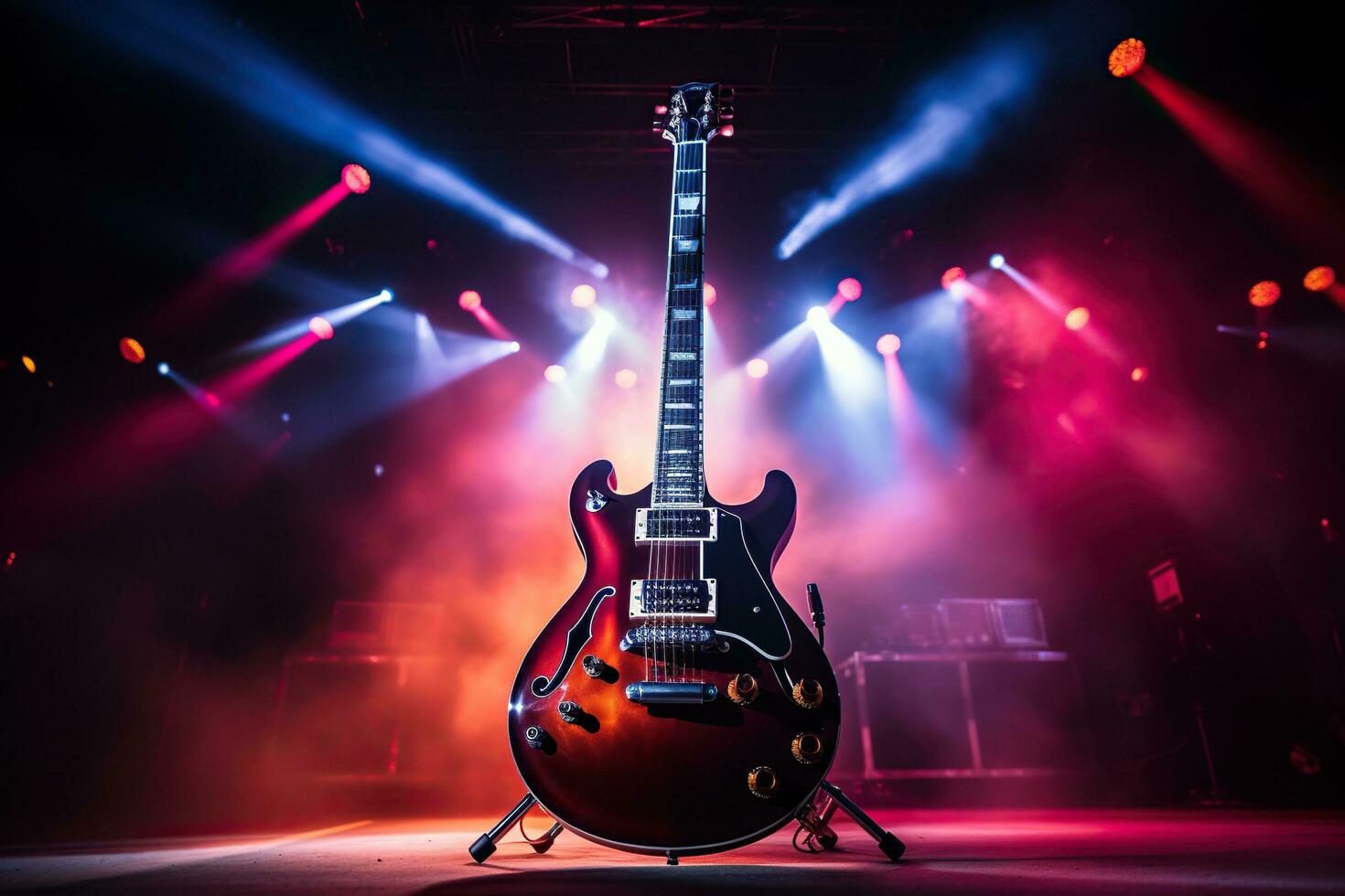 elektrisch Gitarre auf Bühne im das Strahlen von Scheinwerfer. Felsen Konzert foto