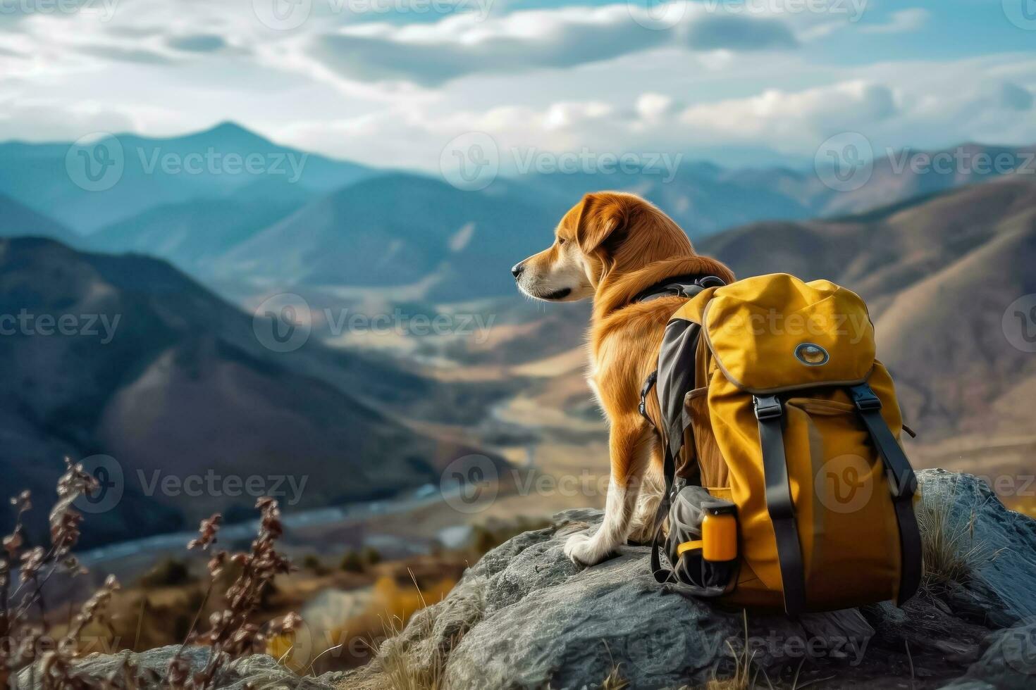 erkunden das draußen - - bezaubernd Hund mit Rucksack im majestätisch Berg Rahmen - - generativ ai foto