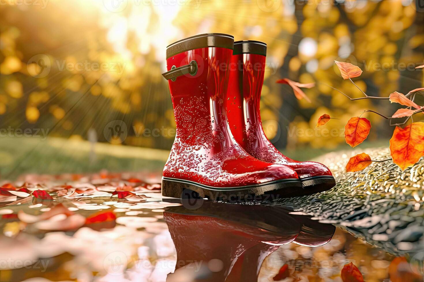 regnerisch Tag Ästhetik - - Gummi Stiefel und Pfütze - - generativ ai foto