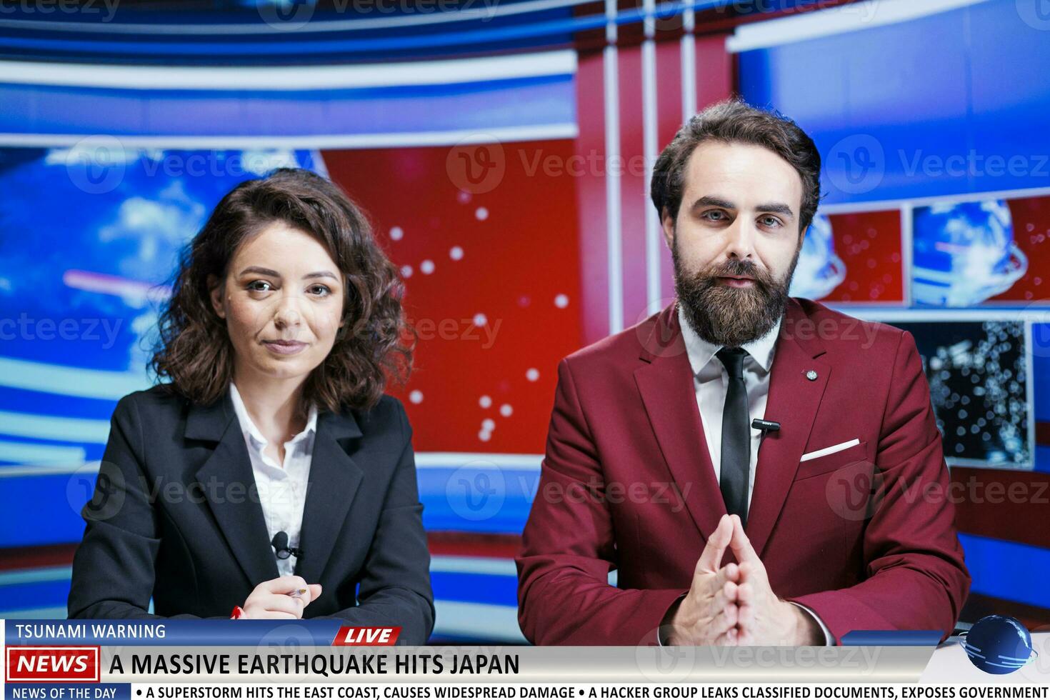 Reporter Mannschaft geben Tsunami Warnung auf Leben übertragen, reden Über enorm Erdbeben Herstellung die Opfer im Japan. Morgen Show Gastgeber Aufschlussreich natürlich Unglück auf Insel, Erstellen Wahnsinn. foto