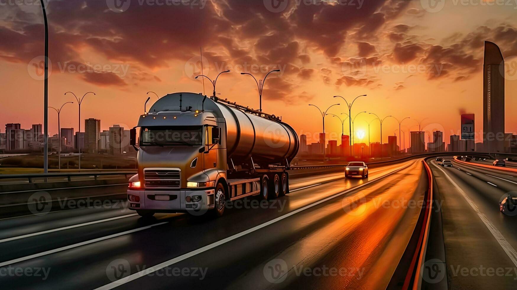 industriell Transport - - Tanker LKW auf das Autobahn beim Dämmerung - - generativ ai foto