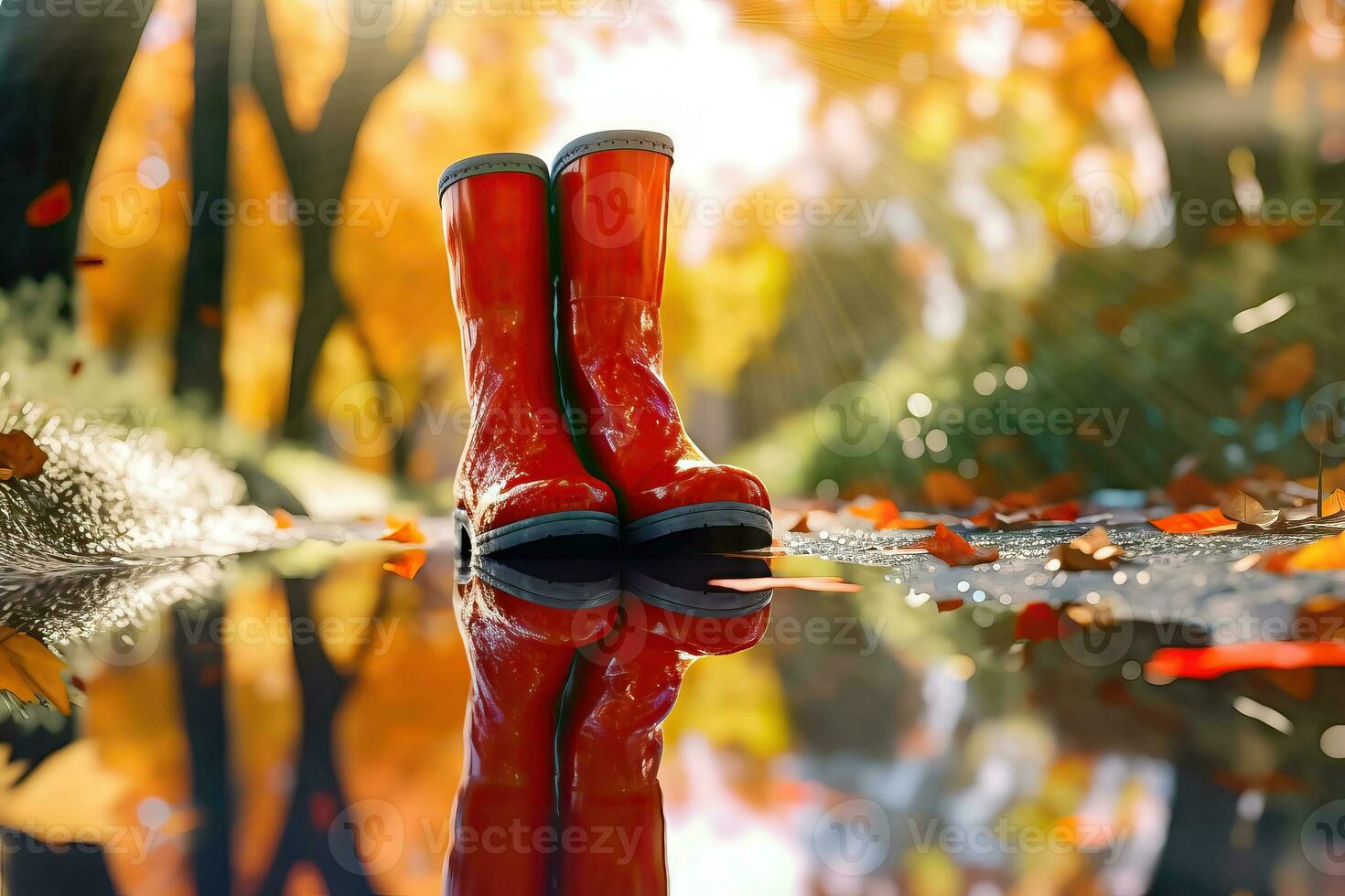 still regnerisch Jahreszeit - - Gummi Stiefel und Pfütze - - generativ ai foto