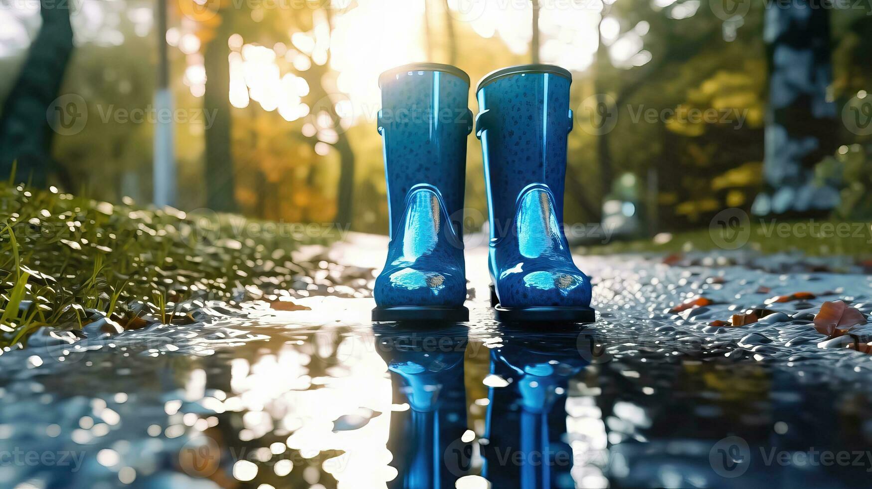 Herbst Regen - - Gummi Stiefel durch ein Pfütze - - generativ ai foto