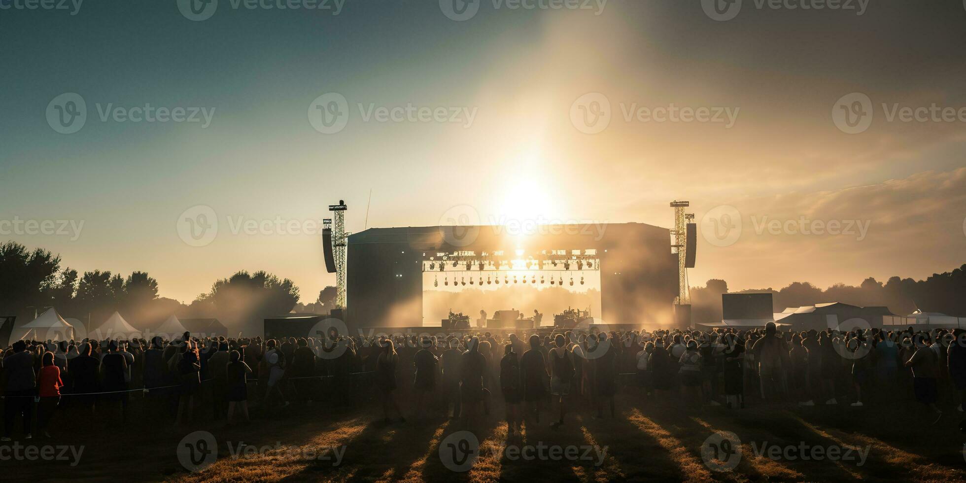 ai generiert. ai generativ. Nacht öffnen Luft Konzert Show Leistung Bühne Leben Musik- Veranstaltung mit viele Menschen um. Feier Spaß Party Rave Hintergrund. Grafik Kunst foto