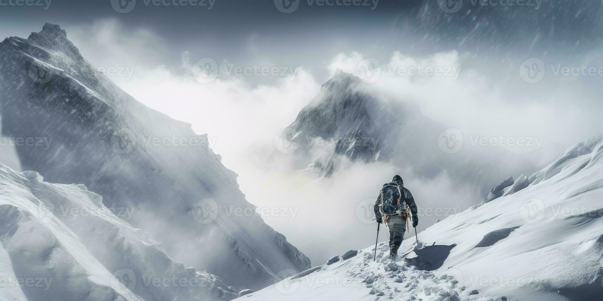 ai generiert. ai generativ. Winter Schnee Eis Berg Wandern Trekking Erkundung Abenteuer aktiv Lebensstil Motivation Landschaft Hintergrund. Grafik Kunst foto