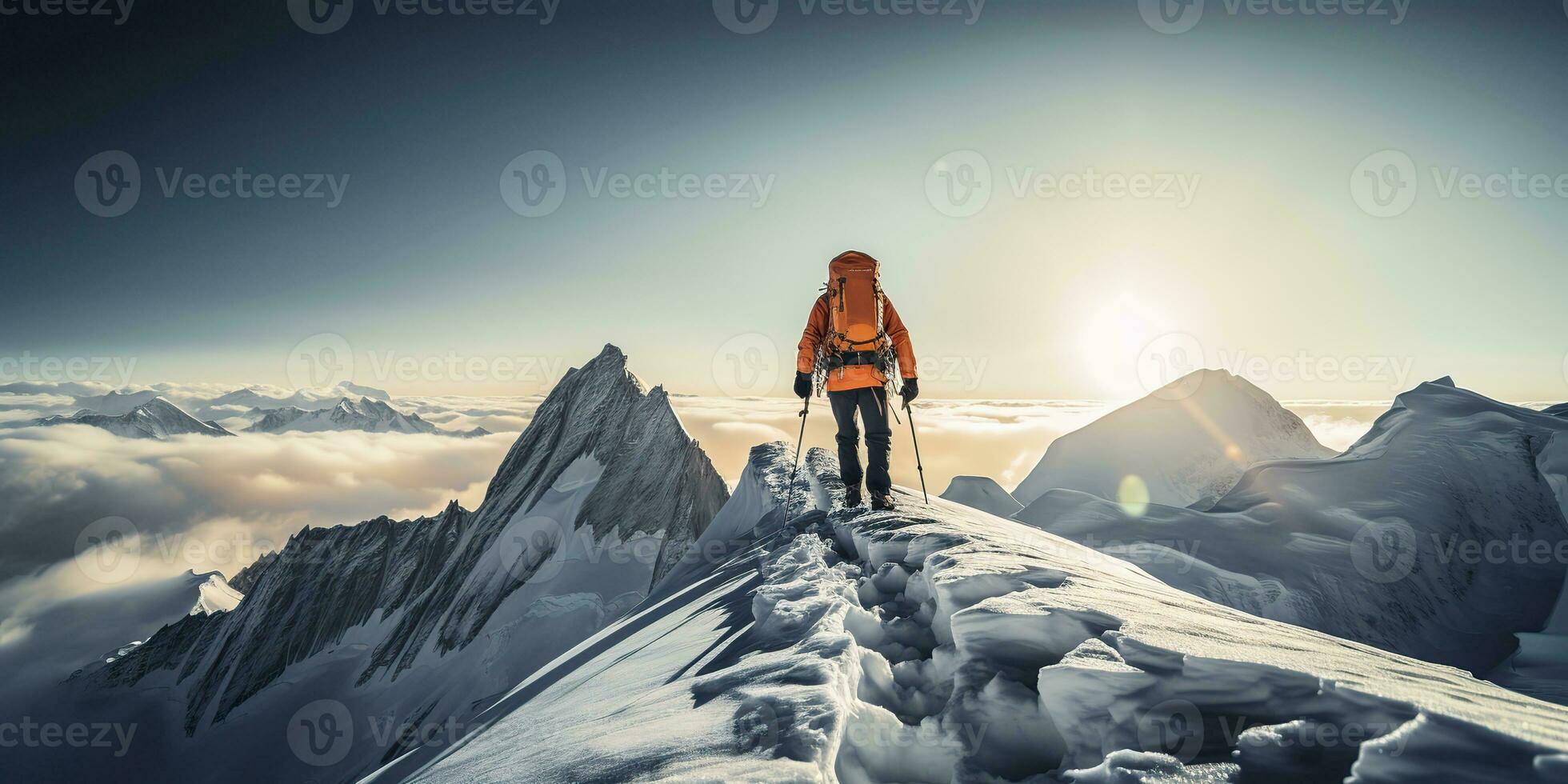 ai generiert. ai generativ. Winter Schnee Eis Berg Wandern Trekking Erkundung Abenteuer aktiv Lebensstil Motivation Landschaft Hintergrund. Grafik Kunst foto