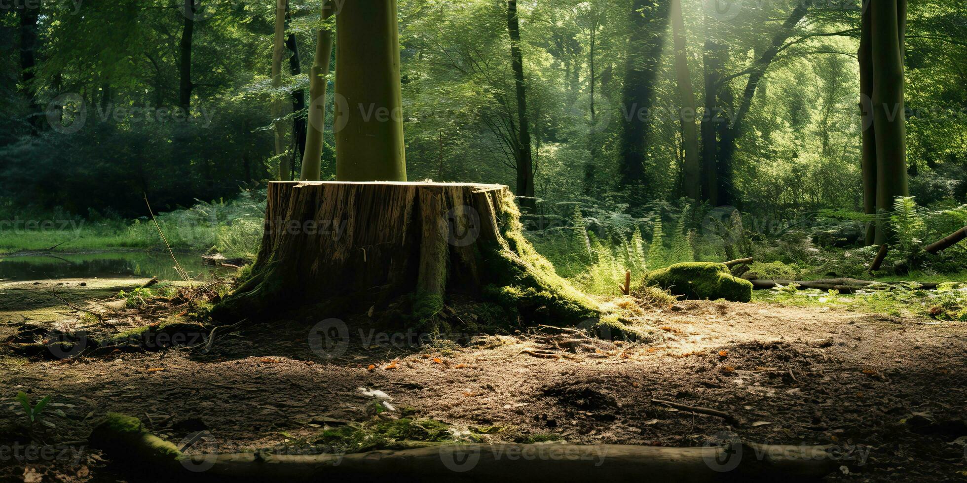 ai generiert. ai generativ. hölzern Stumpf im das Urwald Wald. Natur draussen Landschaft Hintergrund. Grafik Kunst foto