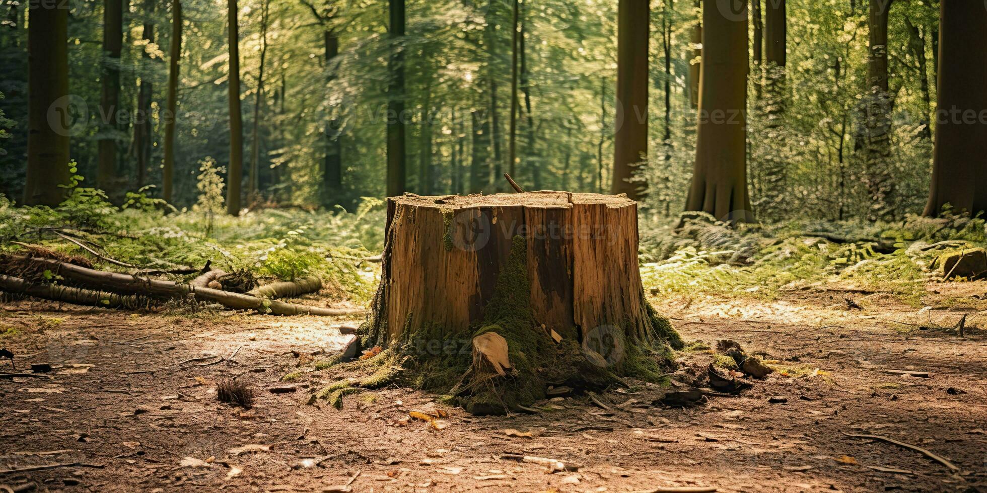 ai generiert. ai generativ. hölzern Stumpf im das Urwald Wald. Natur draussen Landschaft Hintergrund. Grafik Kunst foto