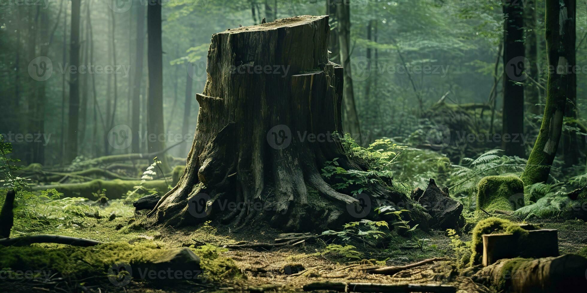 ai generiert. ai generativ. hölzern Stumpf im das Urwald Wald. Natur draussen Landschaft Hintergrund. Grafik Kunst foto