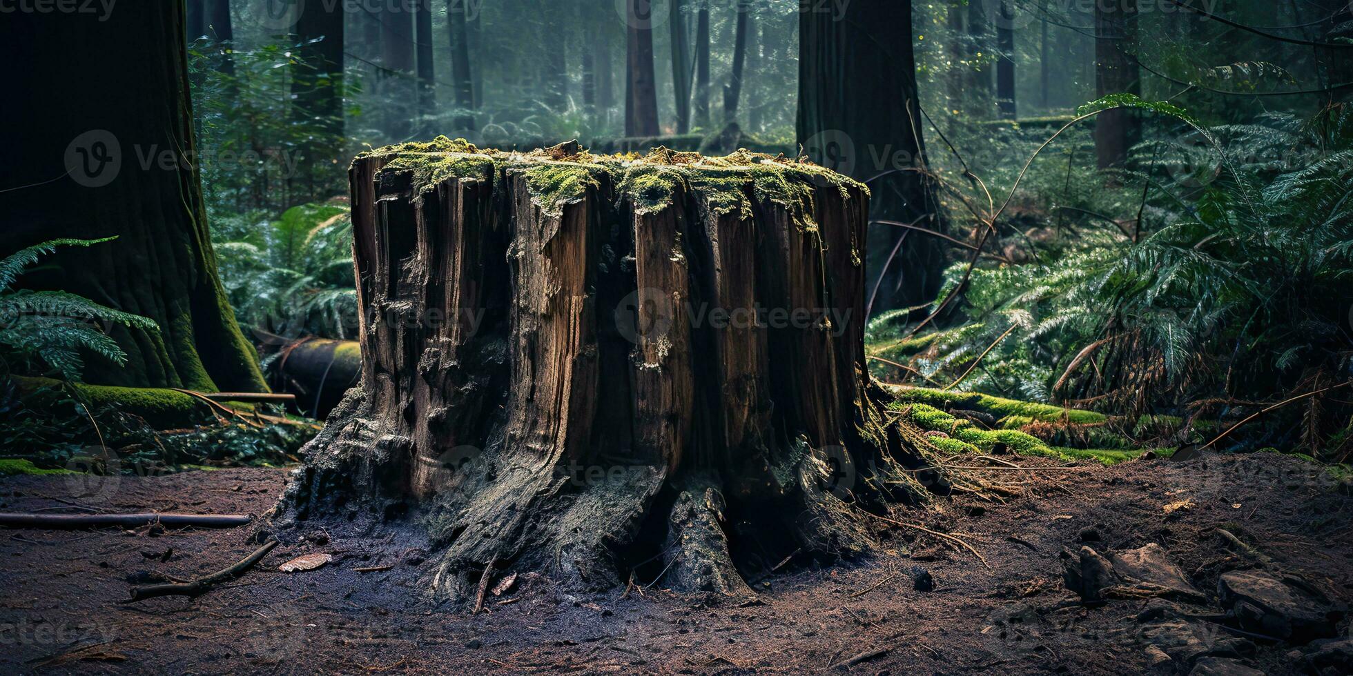 ai generiert. ai generativ. hölzern Stumpf im das Urwald Wald. Natur draussen Landschaft Hintergrund. Grafik Kunst foto