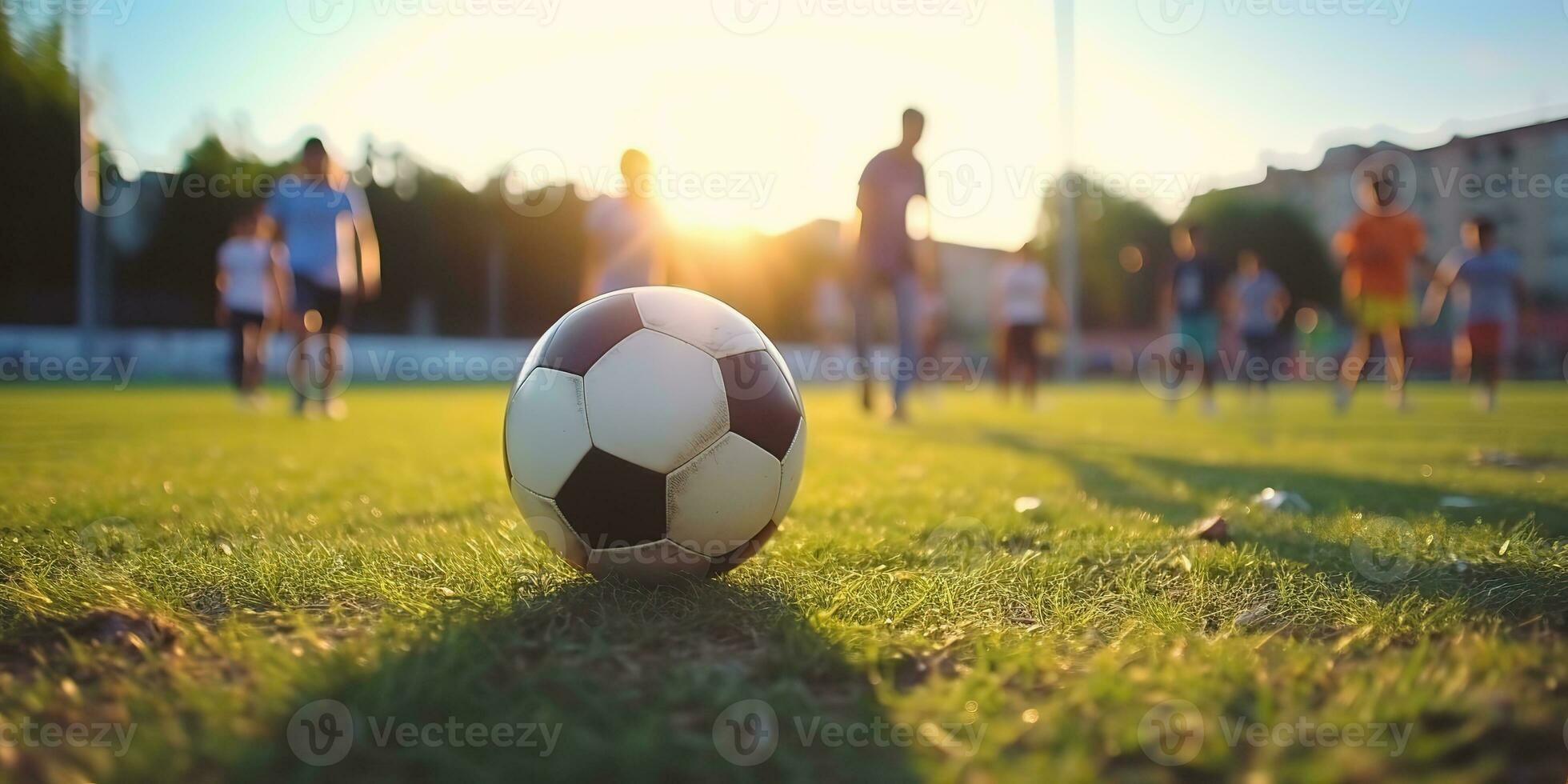 ai generiert. ai generativ. Fußball Fußball Spiel auf Grün Feld. aktiv Sport passen Ausbildung Hintergrund. Grafik Kunst foto