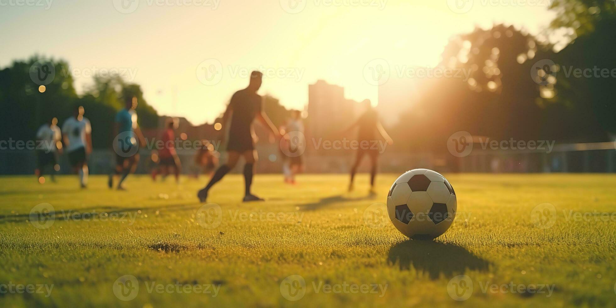 ai generiert. ai generativ. Fußball Fußball Spiel auf Grün Feld. aktiv Sport passen Ausbildung Hintergrund. Grafik Kunst foto