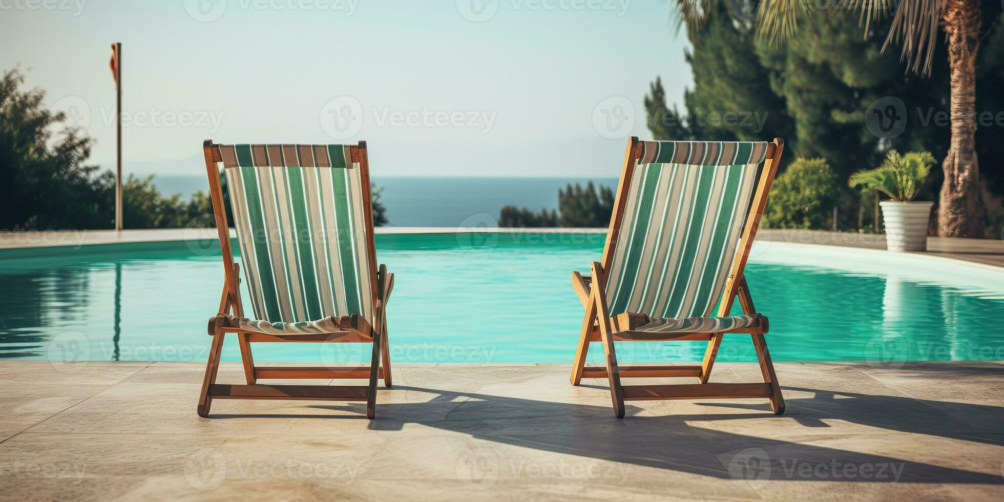 ai generiert. ai generativ. zwei hölzern dech Stühle beim Schwimmen Schwimmbad. Ferien entspannend Hotel Zeit. Grafik Kunst foto