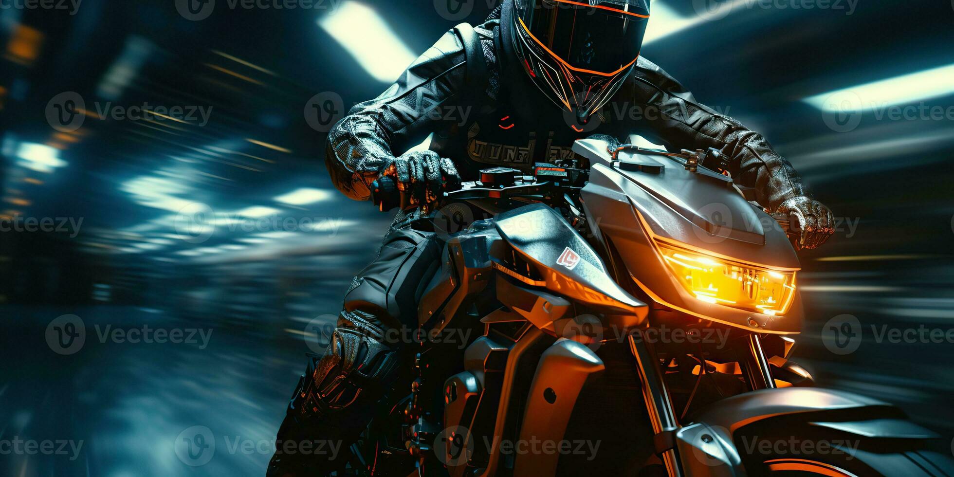 ai generiert. ai generativ. Motorrad Biker Fahrer auf Sport Zukunft Motorrad im Bewegung Umzug. Cyberpunk Synthwave Stimmung. Grafik Kunst foto