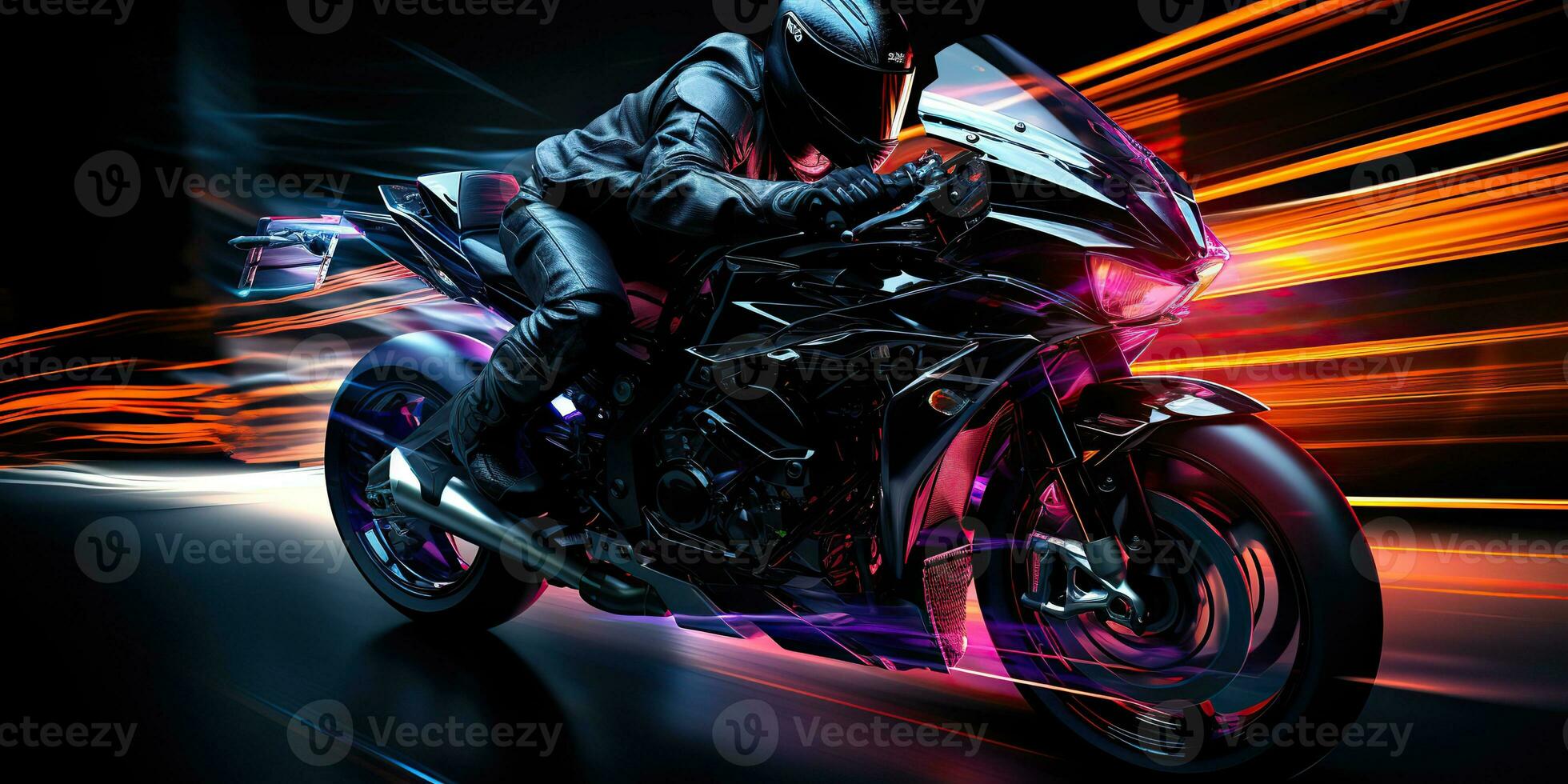 ai generiert. ai generativ. Motorrad Biker Fahrer auf Sport Zukunft Motorrad im Bewegung Umzug. Cyberpunk Synthwave Stimmung. Grafik Kunst foto