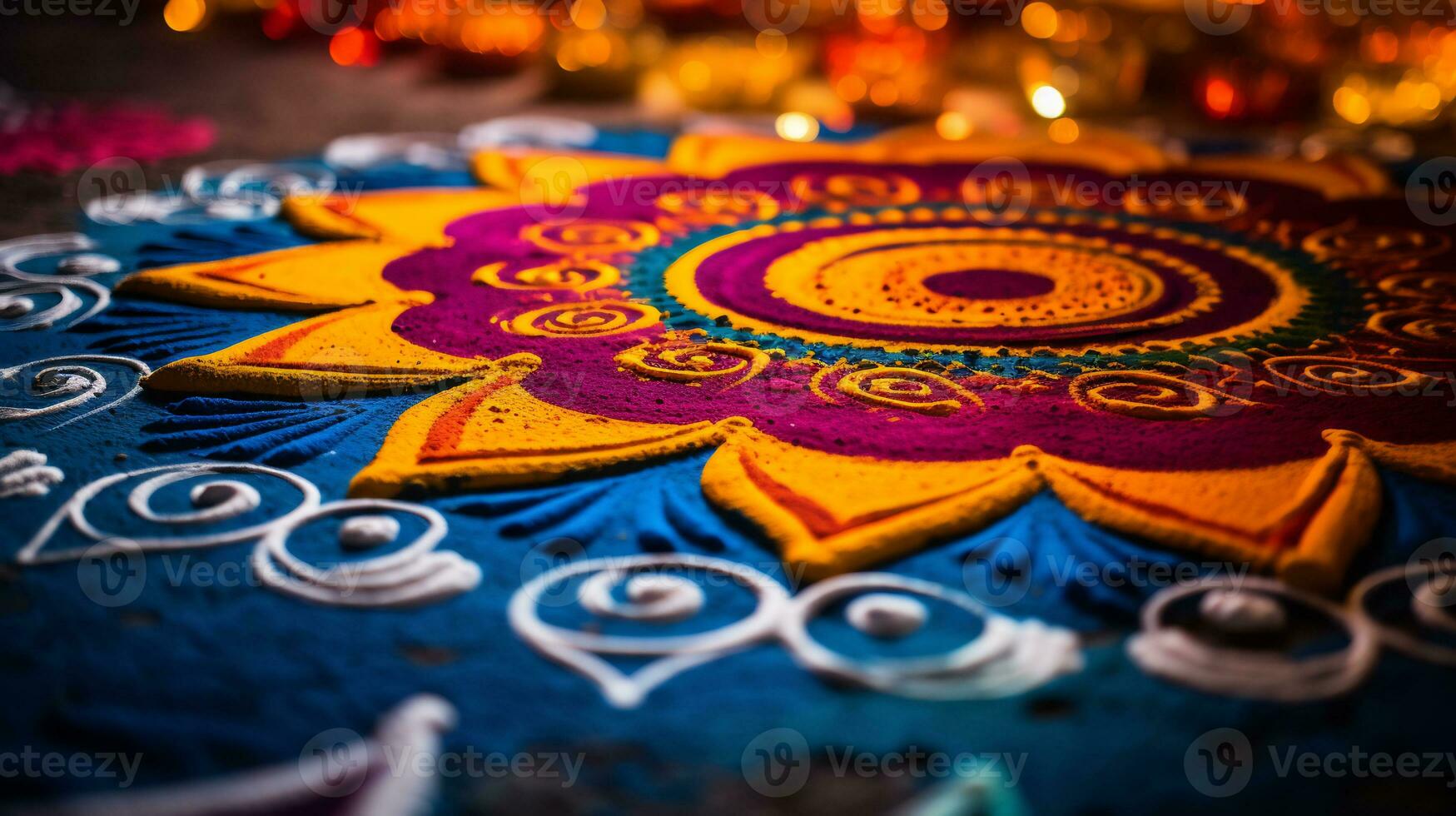 ein schließen oben Bild von kompliziert Rangoli Muster ai generativ foto