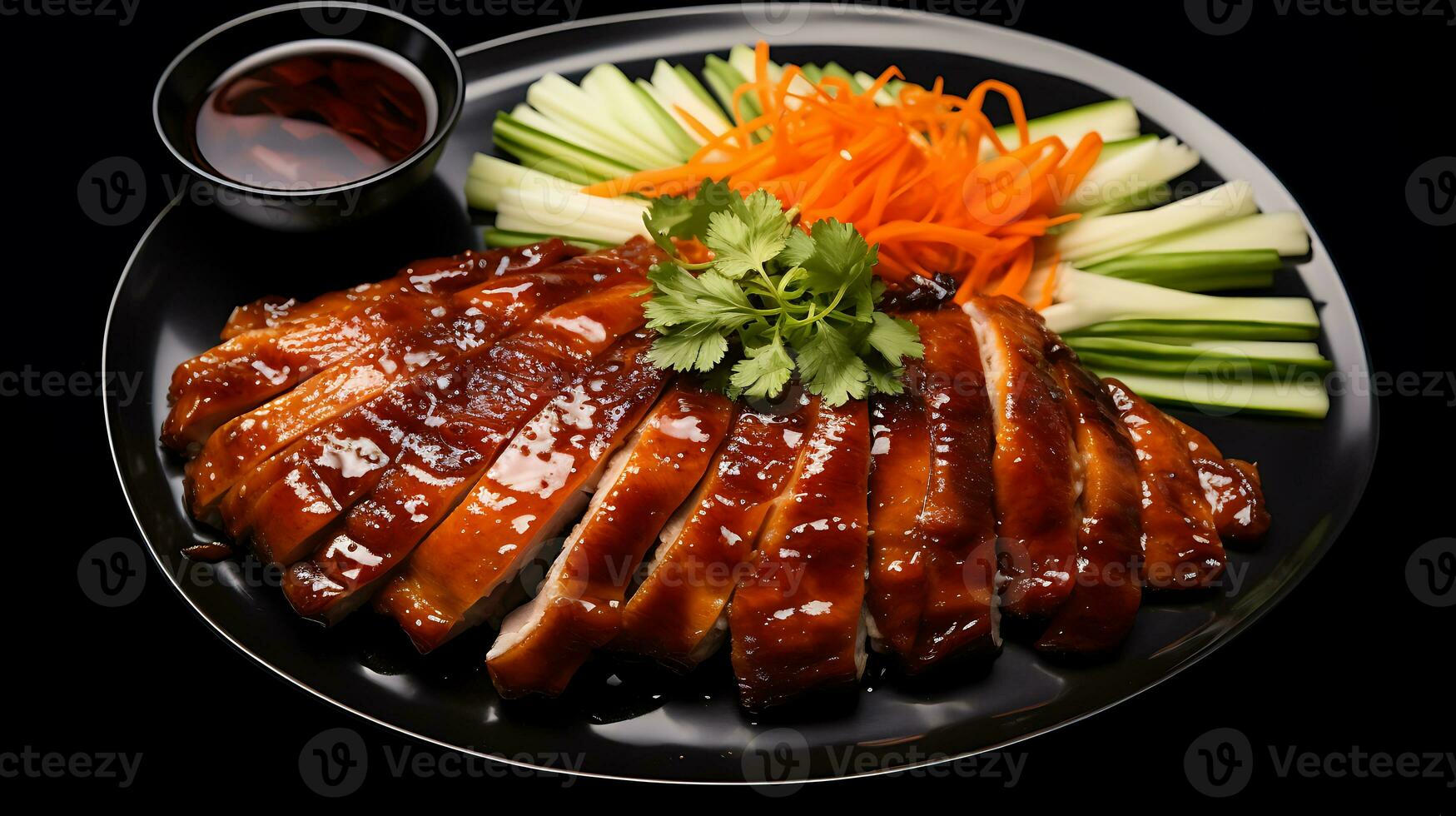 oben Aussicht köstlich Peking Ente Essen Teller auf ein schwarz Hintergrund ai generiert foto