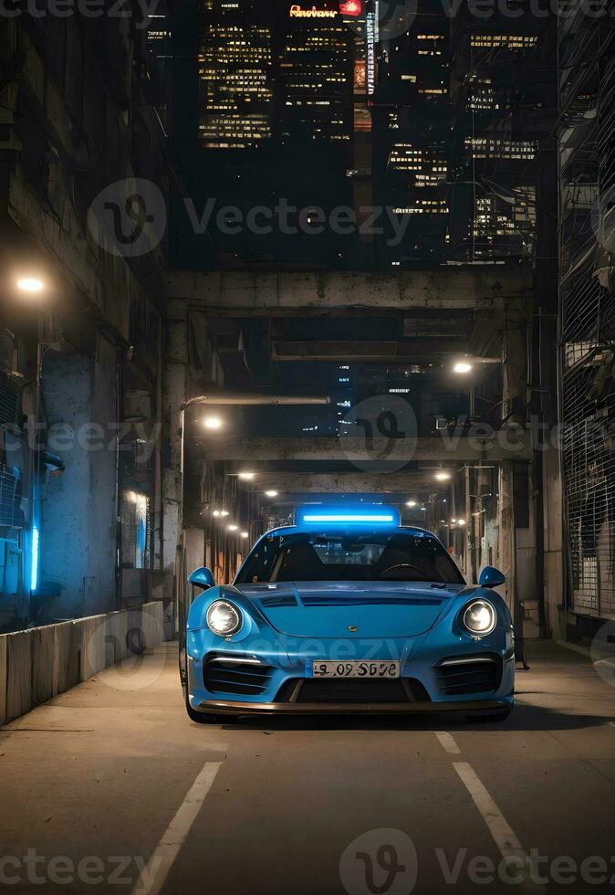 Blau Sport Auto im Nacht Straße mit Gebäude Hintergrund ai generiert foto