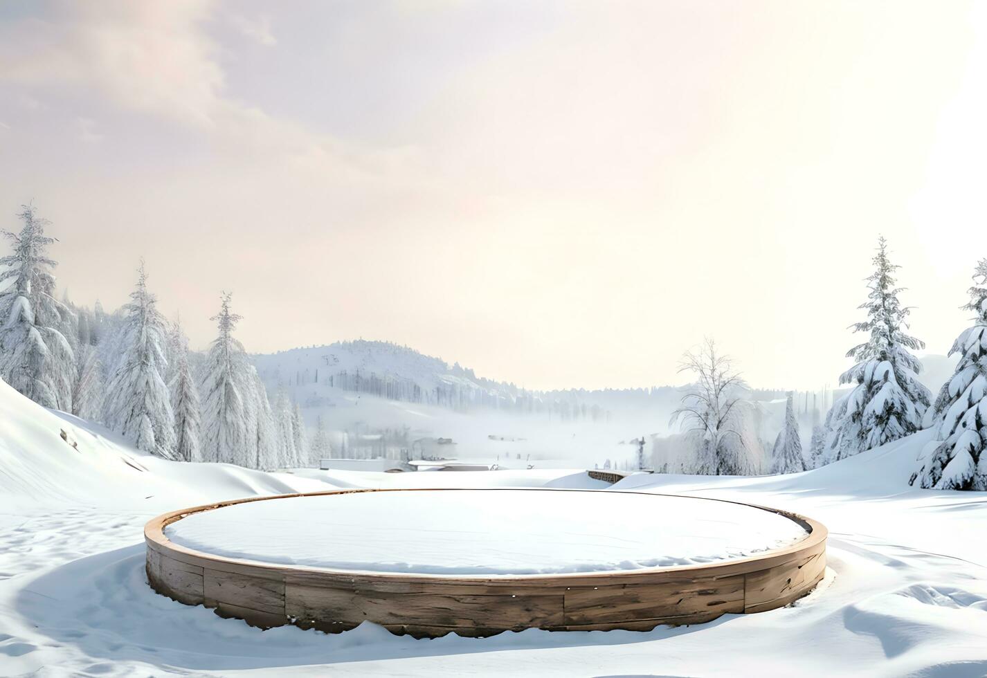 Schnee Podium Produkt Anzeige Attrappe, Lehrmodell, Simulation mit Winter Hintergrund ai generiert foto