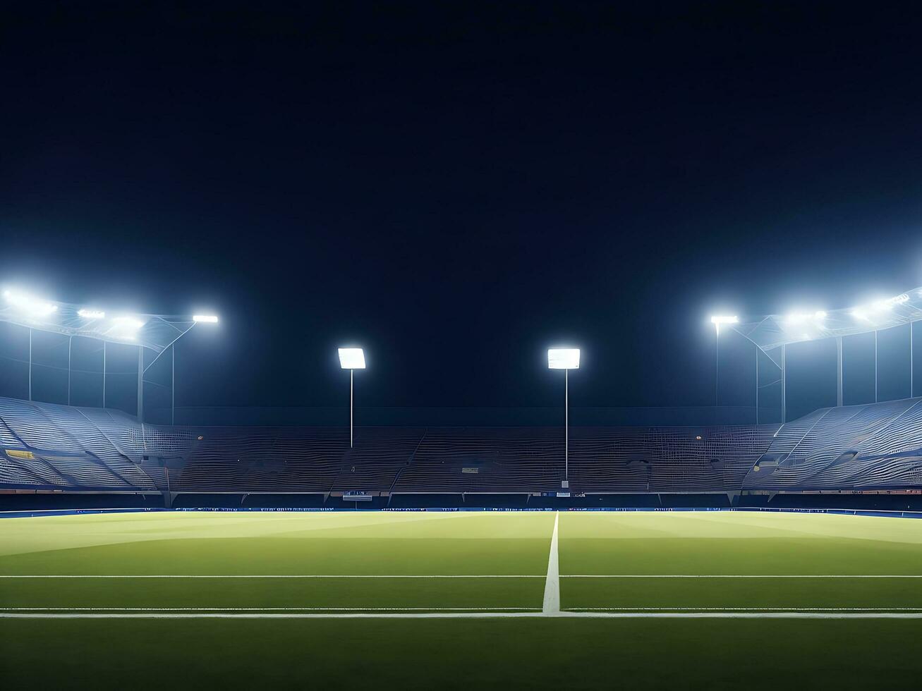 Panorama- Aussicht von Fußball Stadion. leeren Nacht Fußball Feld, niemand, Banner Vorlage, Kopieren Raum. ai generiert foto