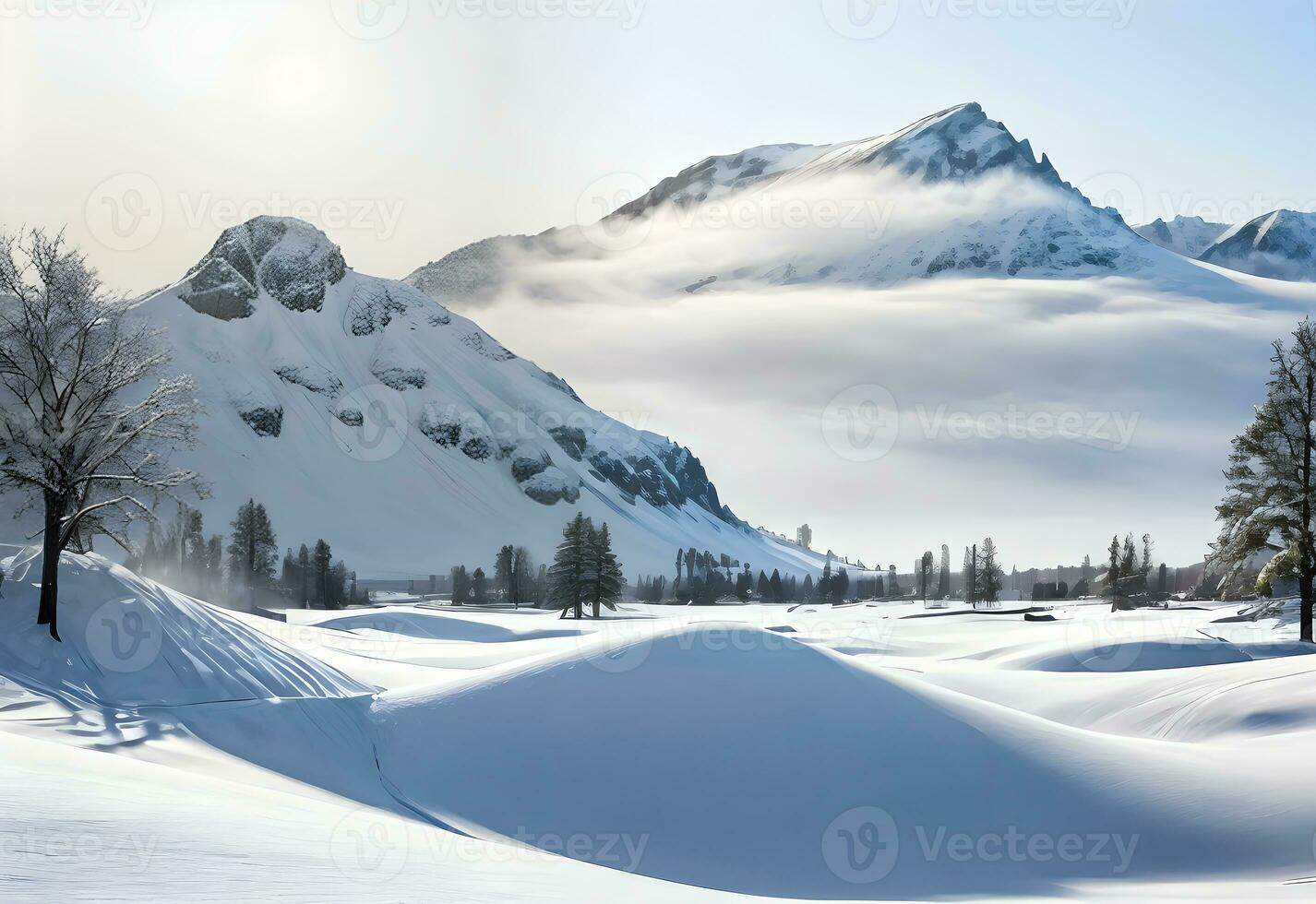 Winter Landschaft mit schneebedeckt Berg ai generiert foto