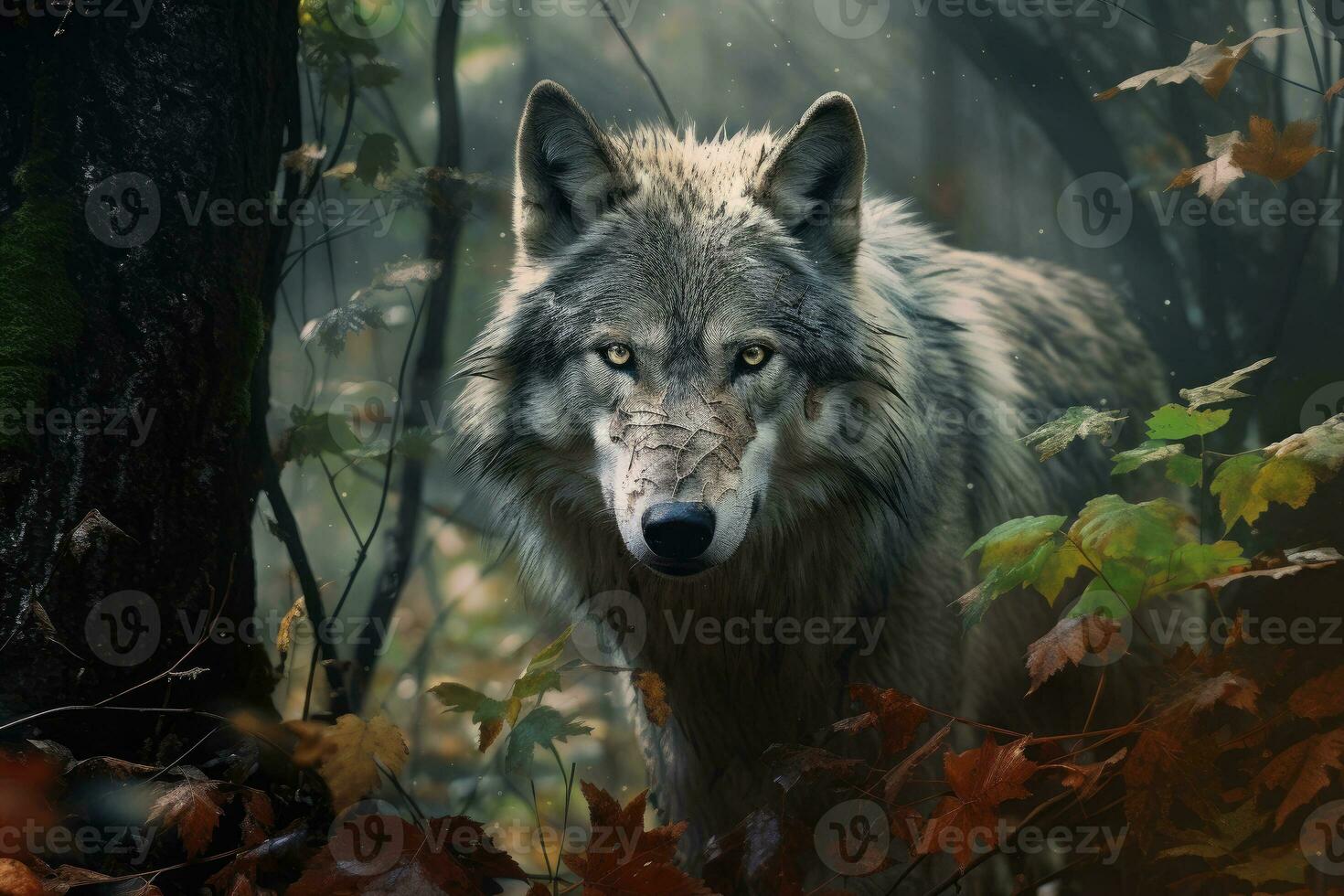 Porträt von grau Wolf versteckt oder lauern im das Wald Jagd zum Beute, Tiere Tierwelt Konzept, Tier im das Dschungel, gefährlich Zeit. foto