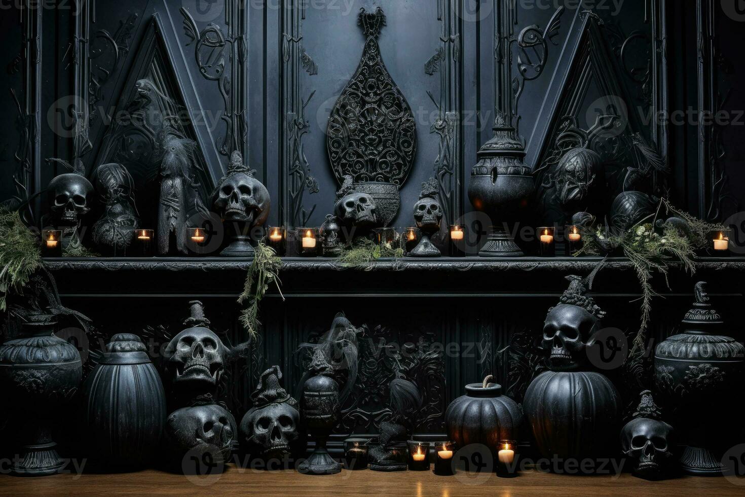 dunkel Haus Dekoration zum Halloween Party Hintergrund mit Kürbis Kerze im gespenstisch Nacht, Geist Tag Design Konzept, verfolgt Häuser Szene. foto