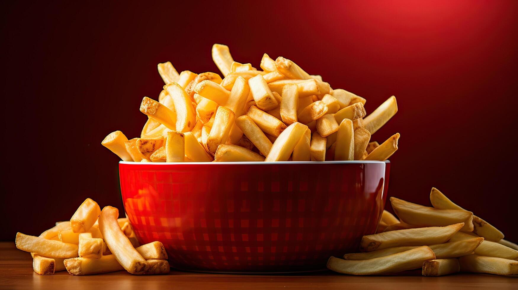 knackig und aromatisch Französisch Fritten vorgestellt im ein fesselnd rot Schüssel, perfekt zum lecker Snack Gelüste. ai generiert foto