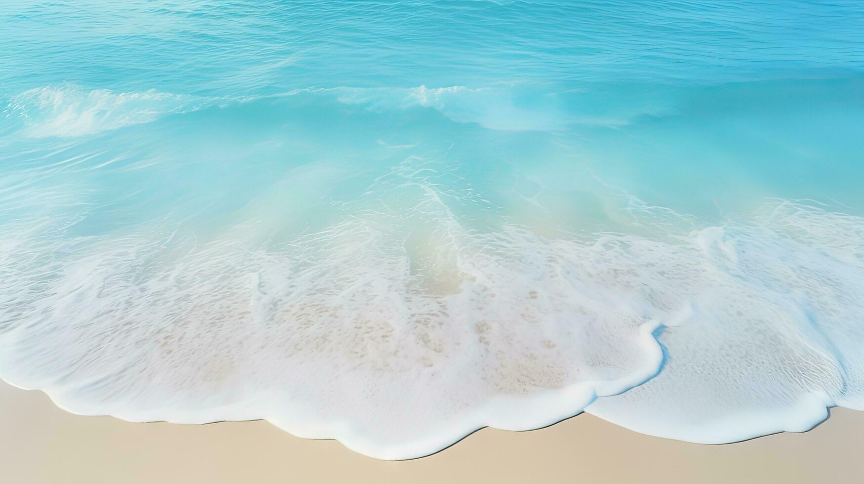 Antenne Aussicht von still Strand mit Licht Blau transparent Wellen und Sonnenlicht. perfekt zum Sommer- Ferien Konzepte und natürlich Schönheit Spa. ai generiert foto