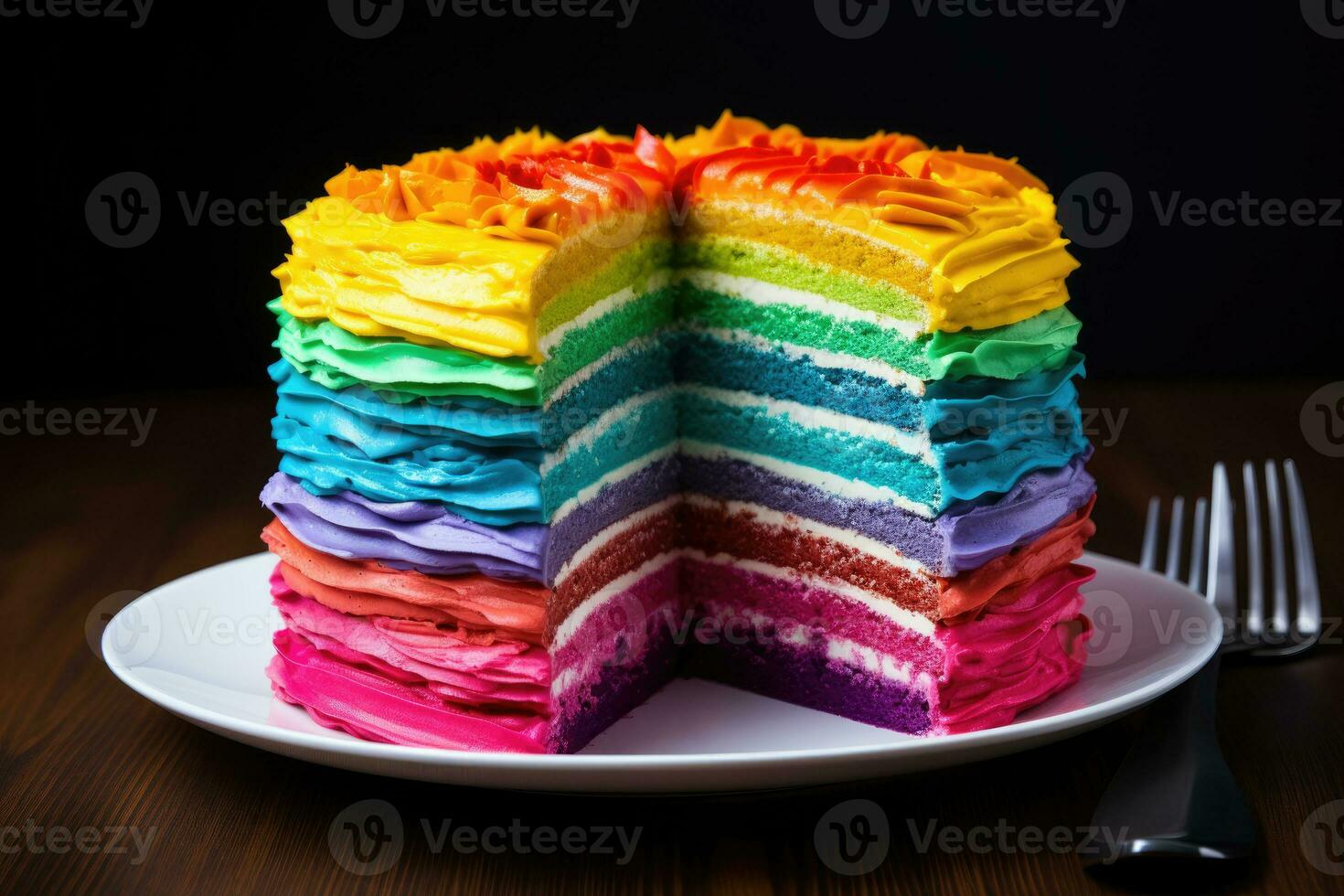 Kuchen mit Regenbogen Schichten im das Abschnitt. ai generiert foto