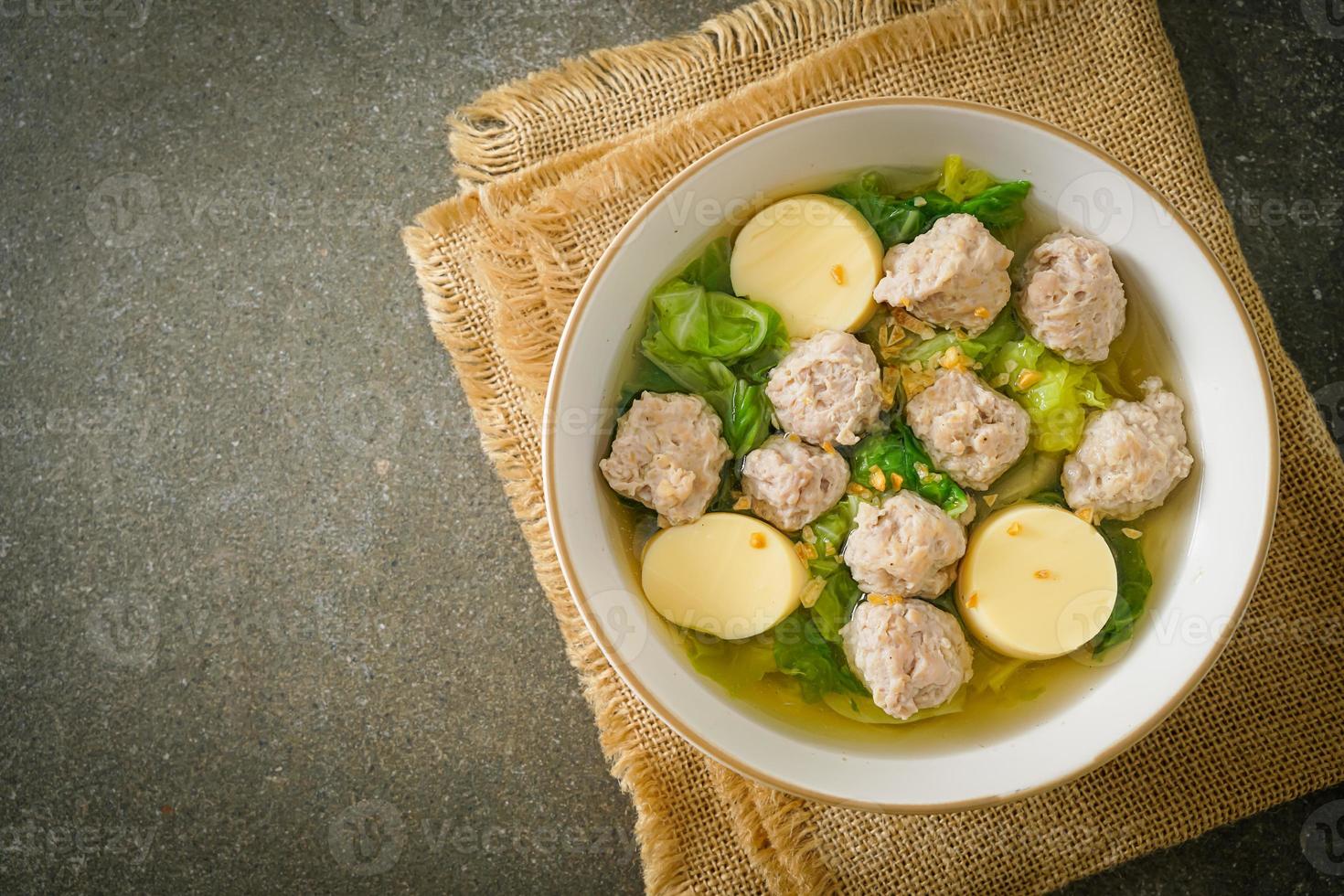 klare Suppe mit Tofu und Hackfleisch foto